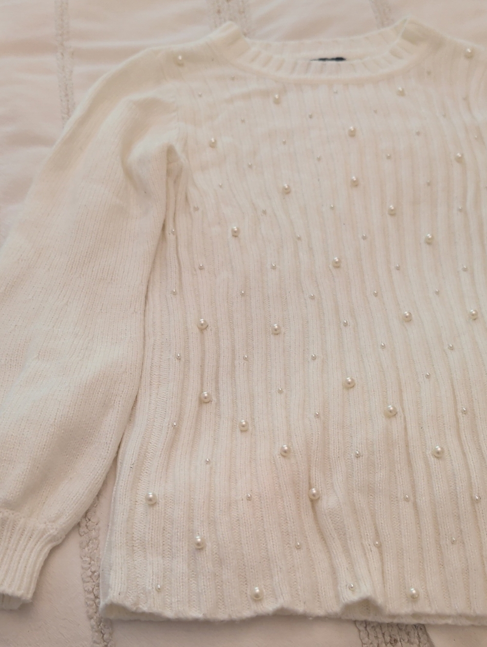 Karl Lagerfeld Cream Pearl-Trim Ribbed Crew Sweater